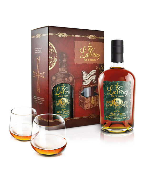 LA CRUZ Geschenkbox Grappa 15 Jahre mit 2 Gläsern Set